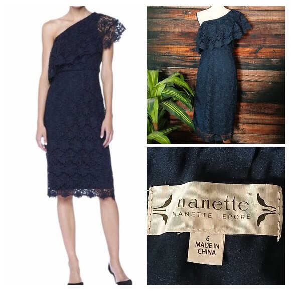 Nanette Lepore Dress Size 6 Navy Lace One Shoulder Midi Side Zip Lined Ruffle - Picture 1 of 8